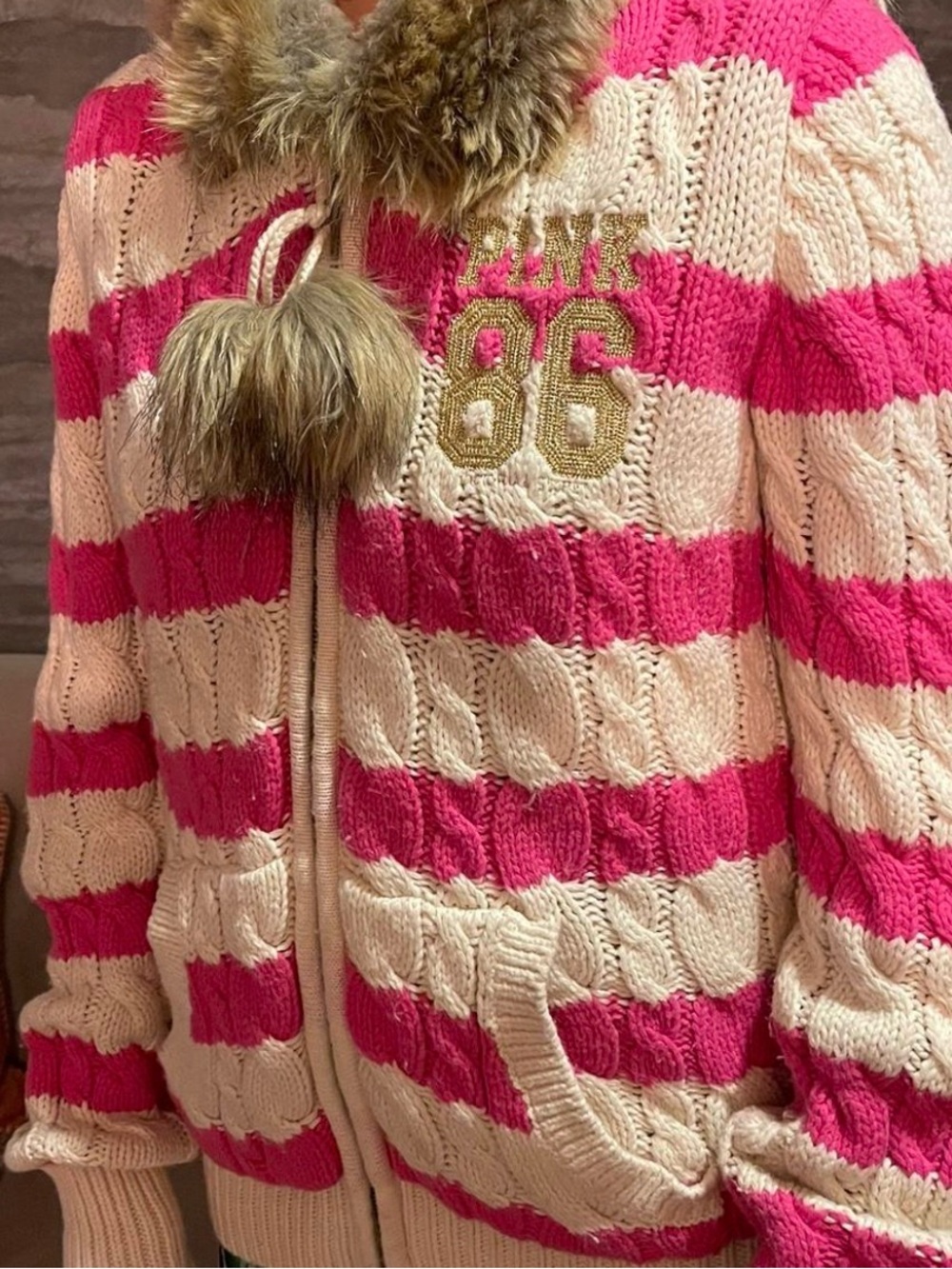 PINK Victoria's Secret women’s Striped Cable-Knit Hooded Jacket in Pink & Cream - Picture 3 of 3
